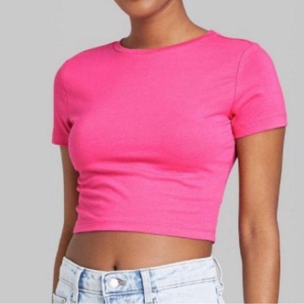 Wild Fable Hot Pink Short Sleeve T Shirt Cotton Crop Top Size L Large